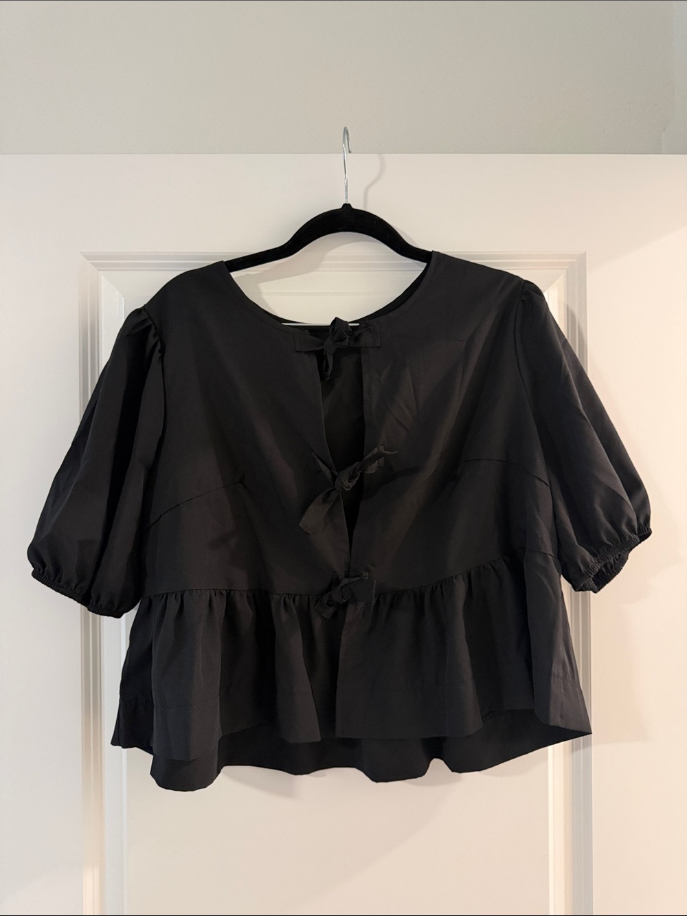 Black Puff-Sleeve Tie-Front Peplum Top